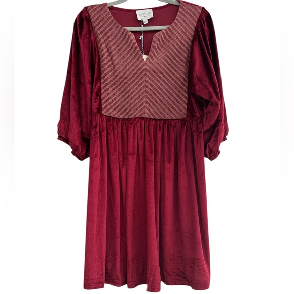 Hayden Dresses & Skirts - Hayden Los Angeles Crushed Velvet Babydoll Mini Dress Maroon Chevron Yoke Size L